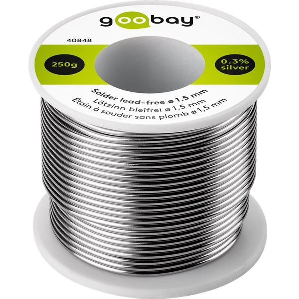 Lötzinn bleifrei, ∅ 1,5 mm,  0,3 % Silber, 0,7 % Kupfer, 96,5 % Zinn, Schmelzpunkt 217° C, 250g Goobay 40848