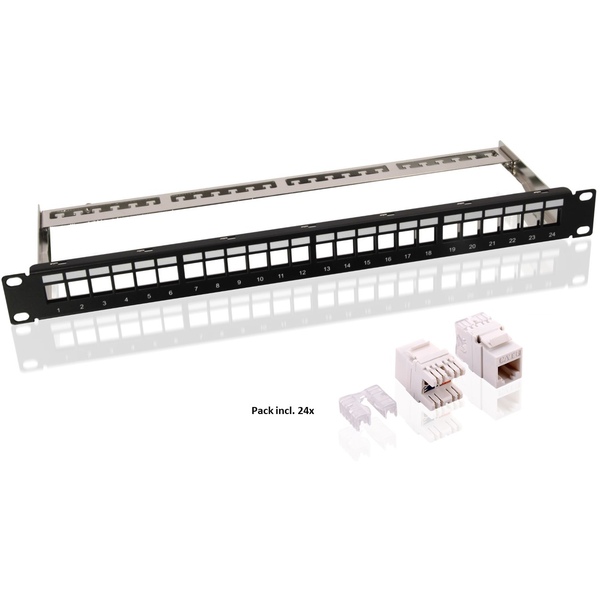 19-Zoll (48,3 cm) Keystone Patch Panel (1 HE) inkl. 24x CAT 6 UTP Module schwarz Goobay 95336