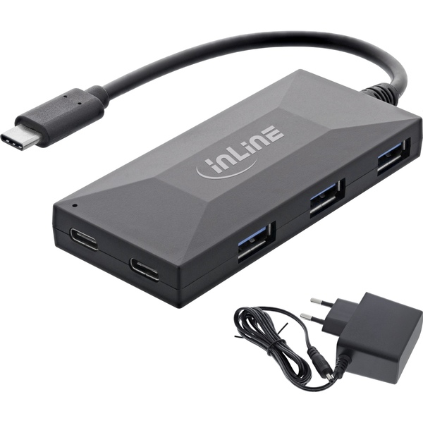 USB 3.2 Gen 1 OTG Hub, USB Typ-C zu 3 Port Typ-A und 2 Port Typ-C, mit 3A Netzteil, schwarz InLine 35398