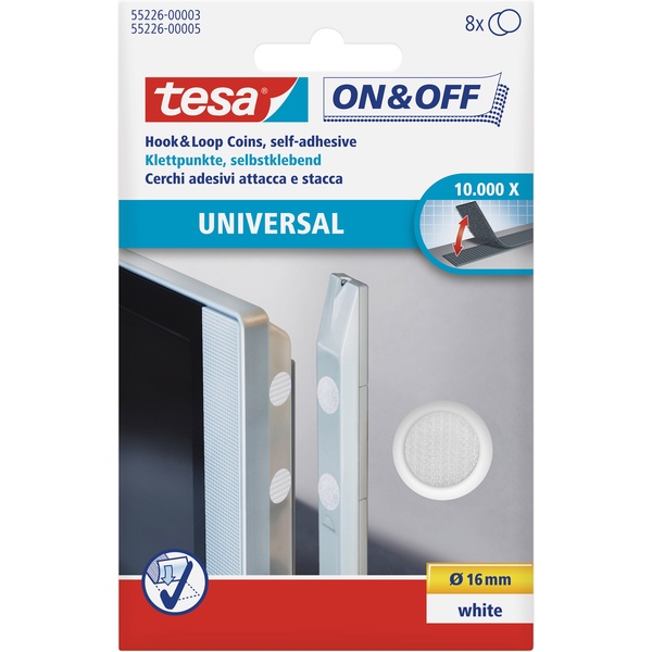 tesa On- & Off-Klettpunkte zum Aufkleben, 8er-Pack (∅16mm), weiß tesa 55226-00003-01