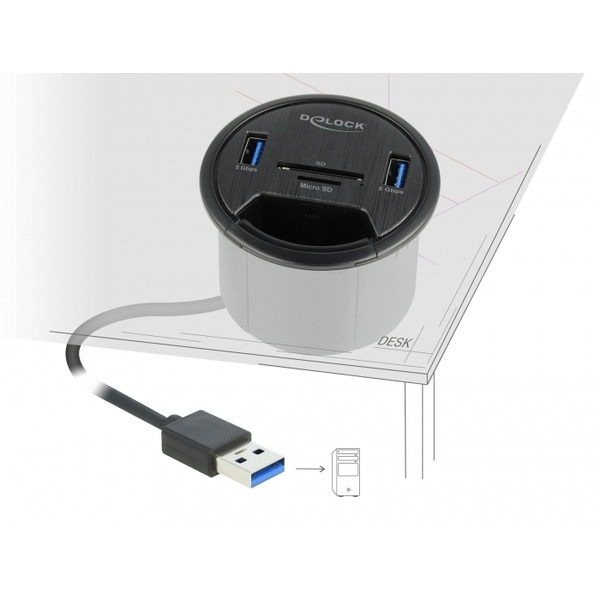 Delock 2 Port Tisch-Hub 2 x SuperSpeed USB Typ-A und Card Reader für SD und Micro Delock 64152