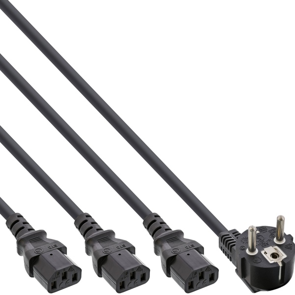 Netzkabel 3-fach C13, 1x Schutzkontakt 90° zu 3x Kaltgerätestecker  (2m+1m/2m/3m)