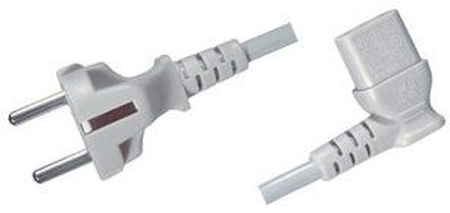 Kaltgerätekabel 2m, grau. Schutzkontaktstecker gerade auf C13 rechts abgewinkelt