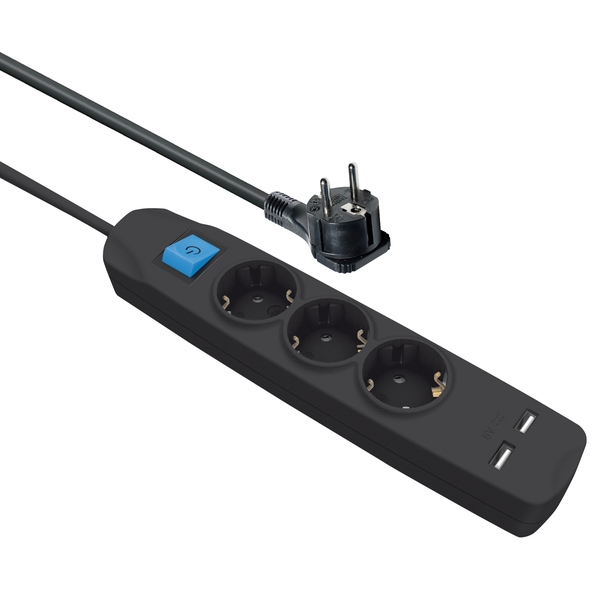 Steckdosenleiste, 3-fach, 2x USB Ladebuchse, Schalter, schwarz 1,5m Maxtrack NV 56-1,5