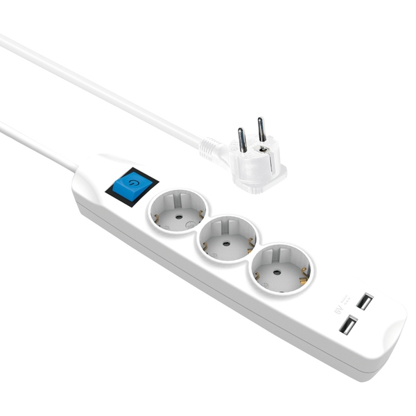 Steckdosenleiste, 3-fach, 2x USB Ladebuchse, Schalter, weiß  3m Maxtrack NV 56-3 W