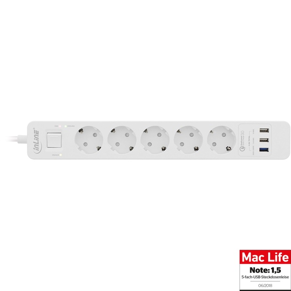 Steckdosenleiste, 5-fach Schutzkontakt, üSS, QuickCharge USB, Schalter, weiss, 1,5m InLine 16491T