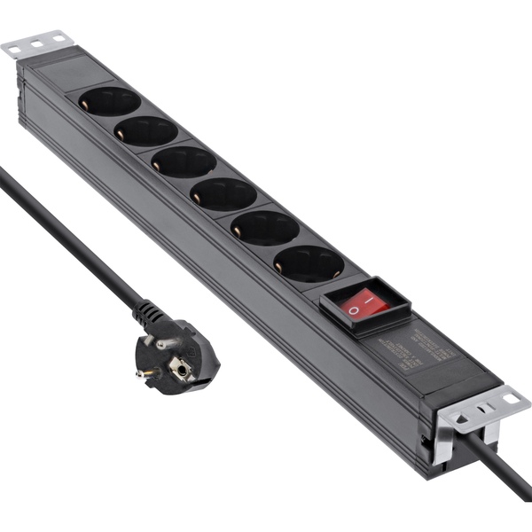 19 Zoll Steckdosenleiste, 6-fach Schutzkontakt, mit Schalter, 2m, schwarz InLine 16416S
