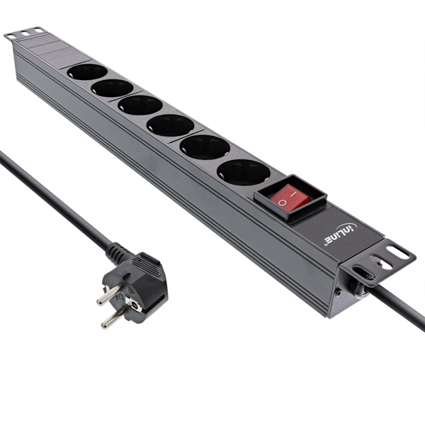 19 Zoll Steckdosenleiste, 6-fach Schutzkontakt, mit Schalter, 2m, schwarz Inline 16415S