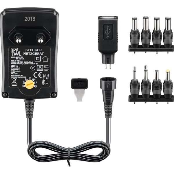Stecker-Schaltnetzteil stabilisiert 1500mA, 18 Watt, mit 1x USB + 8 DC Adapter Goobay 53997