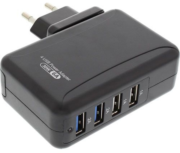USB Ladegräte/Steckernetzteil 4-fach, 6 A, schwarz InLine 31506S