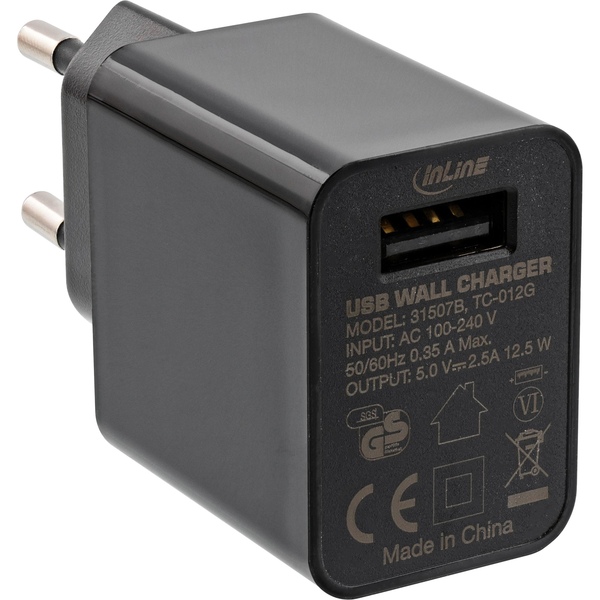 USB Ladegerät Single, Netzteil, Stromadapter, 100-240V zu 5V/2,5A, 12,5 Watt, schwarz InLine 31507B