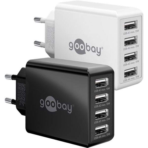 4-fach USB-Ladegerät 2x 15 Watt max. 30W , Power Delivery, schwarz Goobay 44953