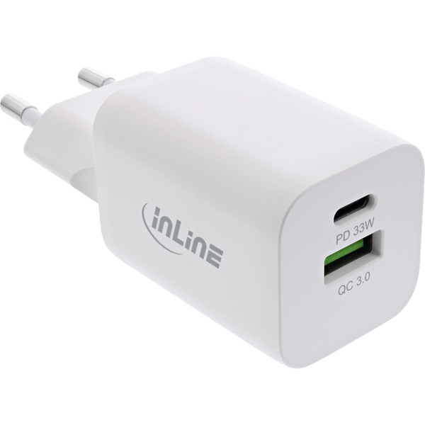 Power Delivery + Quick Charge USB Netzteil, 33W,  3,6V -20 V, USB-A + USB-C, weiß Inline 31508D