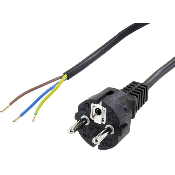Netzkabel Schutzkontakt Stecker gerade auf offenes Kabelende, 1qmm, 2m schwarz