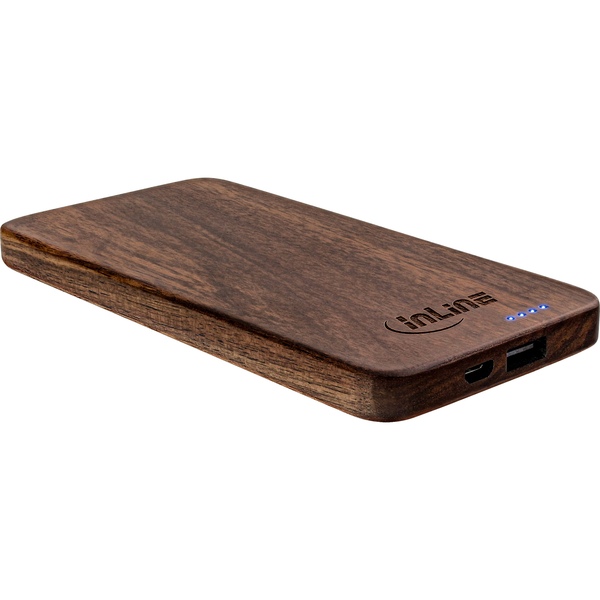 InLine® woodplate, USB Powerbank 5.000mAh, mit LED Status Anzeige, Echtholz, Walnuss, 2.1A Ausgabe InLine 01478S