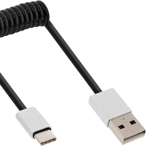 InLine® USB 2.0 Spiralkabel, Typ C Stecker an A Stecker, schwarz/Alu, flexibel, 1m InLine 35871