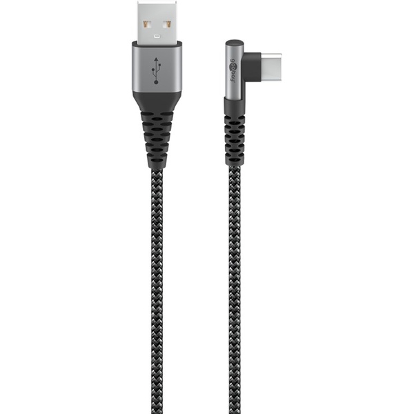 USB 2.0 Adapterkabel, USB-C™ auf USB A Textilkabel mit Metallsteckern (spacegrau/silber), 90°, 3A, 2m Goobay 64657