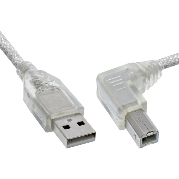 USB 2.0 Kabel Stecker A  zu Stecker B 90° rechts gewinkelt , transparent, 30cm