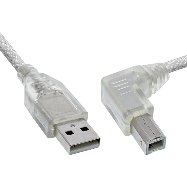 USB 2.0 Kabel mit USB B Winkelstecker rechts (90°) gewinkelt auf Stecker A  gerade (180°), transparent