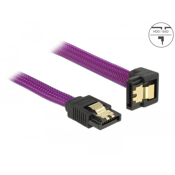 SATA 6 Gb/s Kabel gerade auf unten gewinkelt, Nylongeflecht, Clip, violett, 0,3m Delock 83695