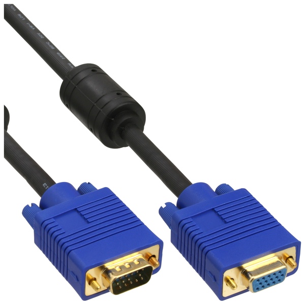 VGA Verlängerungskabel, Profi Version, Gold, Schwarz, 2x Ferrit, 7m InLine 17722S